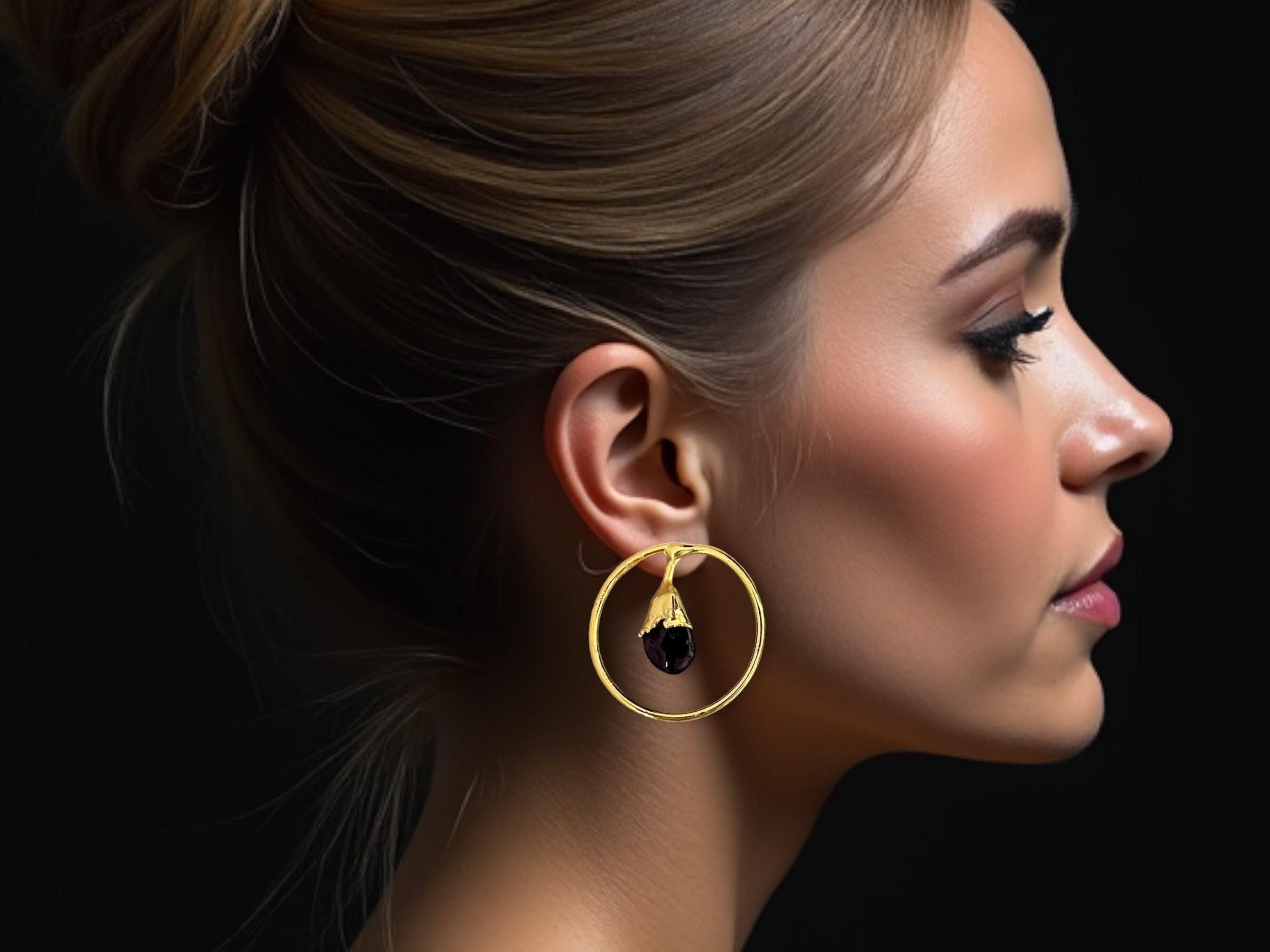 Gold Plated Agate Hoop Earrings - Handmade Minimalist Geometric Dangles, Handmade In Turkey - Glam Duchess