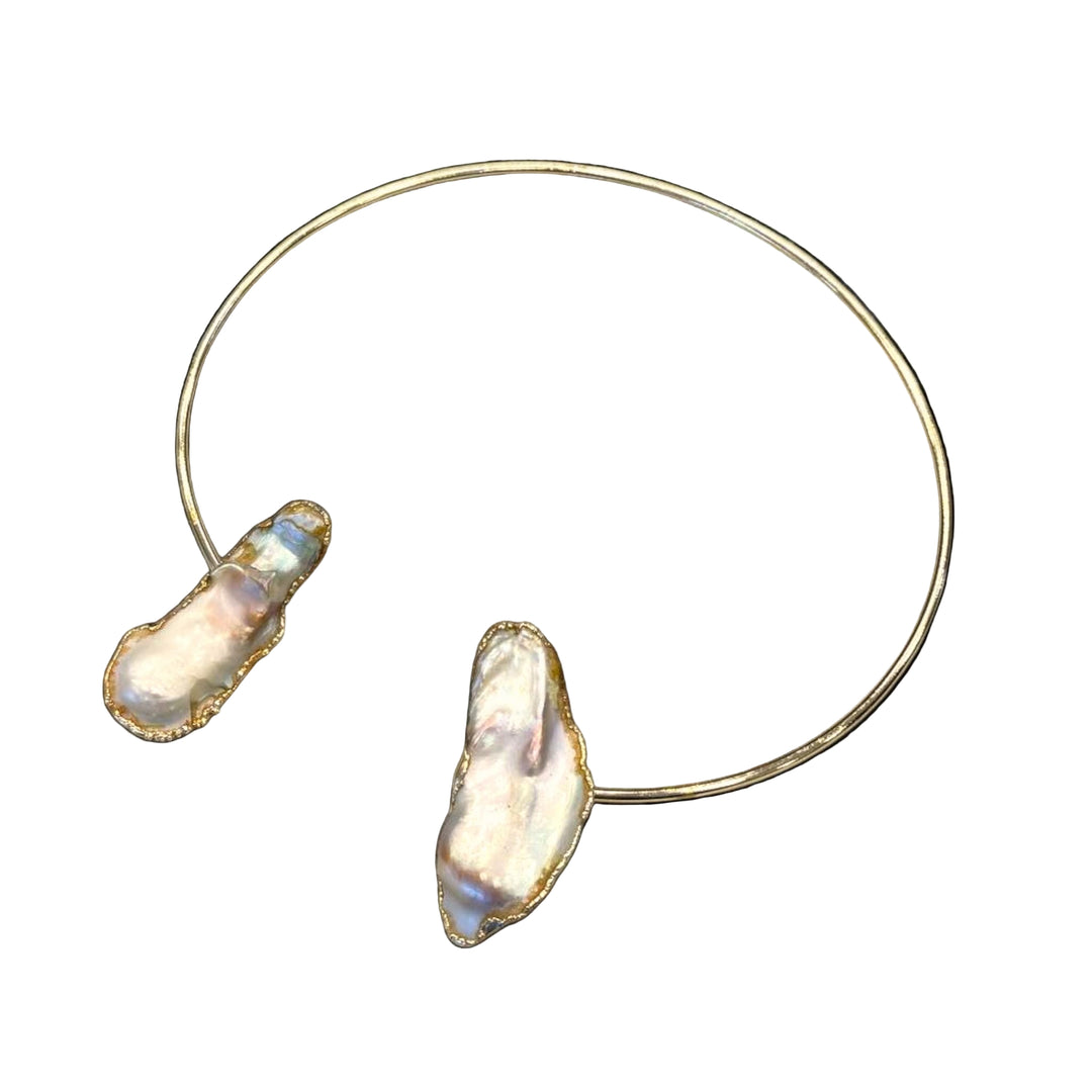 Gold Plated Minimalist Baroque Pearl Ring Open Choker Necklace Set - Modern Shell Jewelry Gift for Her, Handmade In Turkey - Glam Duchess