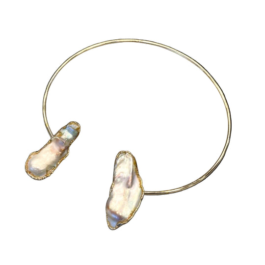 Gold Plated Minimalist Baroque Pearl Ring Open Choker Necklace Set - Modern Shell Jewelry Gift for Her, Handmade In Turkey - Glam Duchess