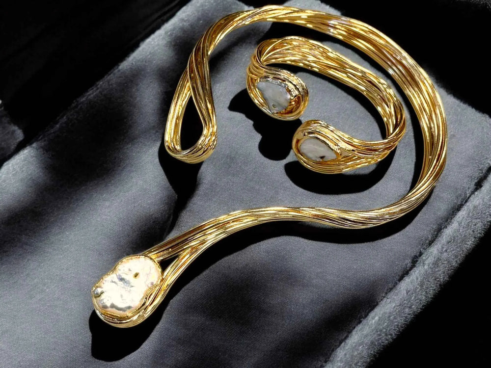 Gold Plated Choker Necklace – Handmade Baroque Pearl Jewelry Set with Adjustable Cuff Bracelet