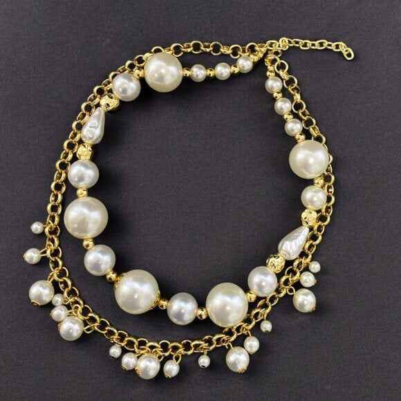 Gold Layered Pearl Necklace - Handmade Adjustable Length Two Layer Jewelry