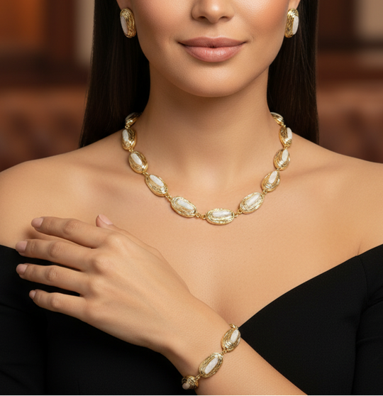 Luxury Gold Plated Pearl Jewelry Set – Necklace, Bracelet & Stud Earrings - Glam Duchess