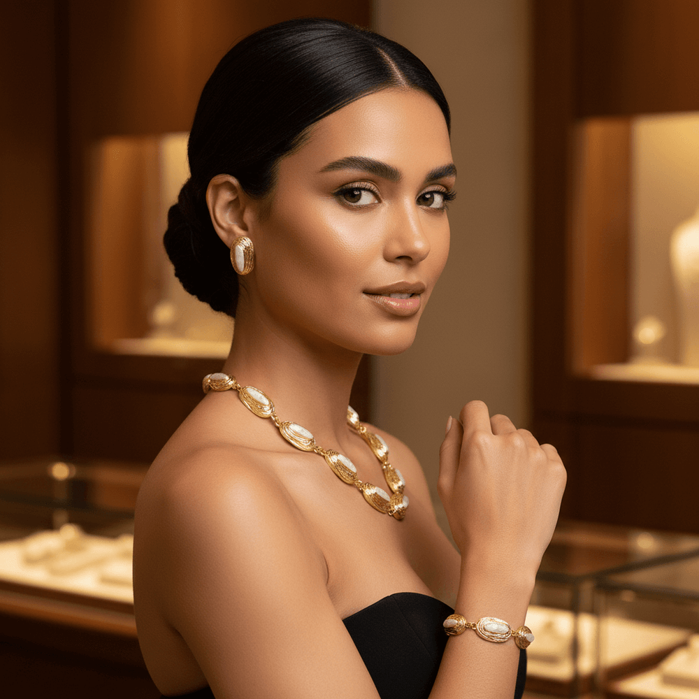 Luxury Gold Plated Pearl Jewelry Set – Necklace, Bracelet & Stud Earrings - Glam Duchess