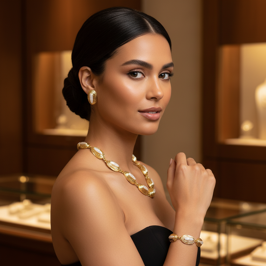 Luxury Gold Plated Pearl Jewelry Set – Necklace, Bracelet & Stud Earrings - Glam Duchess