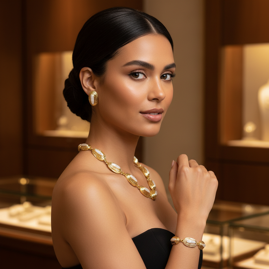 Luxury Gold Plated Pearl Jewelry Set – Necklace, Bracelet & Stud Earrings - Glam Duchess