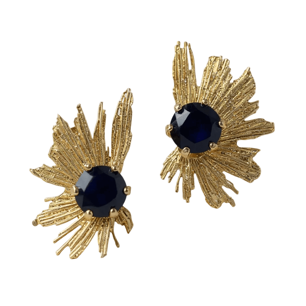 18k Gold Plated Sunburst Statement Earrings, Black Stone