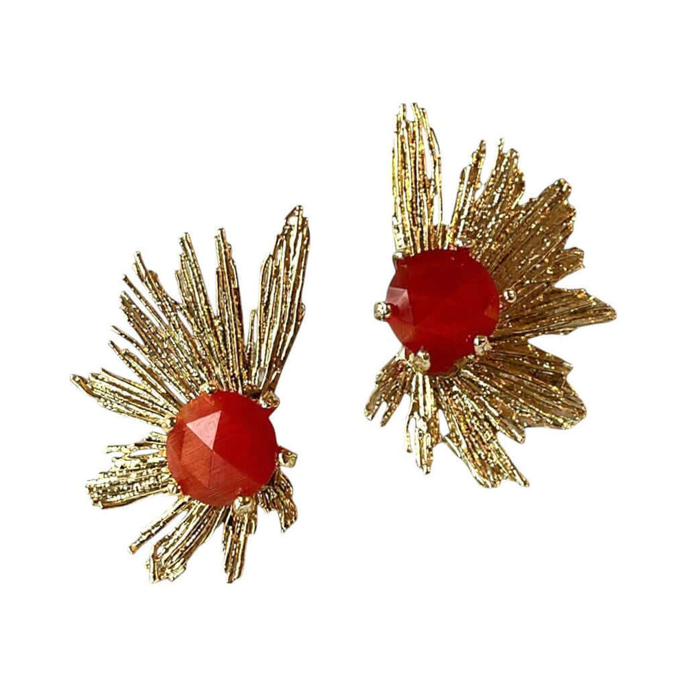 Abstract Gold Sunburst Statement Earrings with Faceted Ruby Red Stone