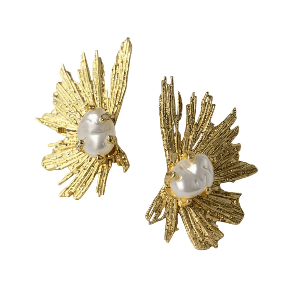 18k Gold Plated Large Sunburst Statement Earrings with Baroque Pearls