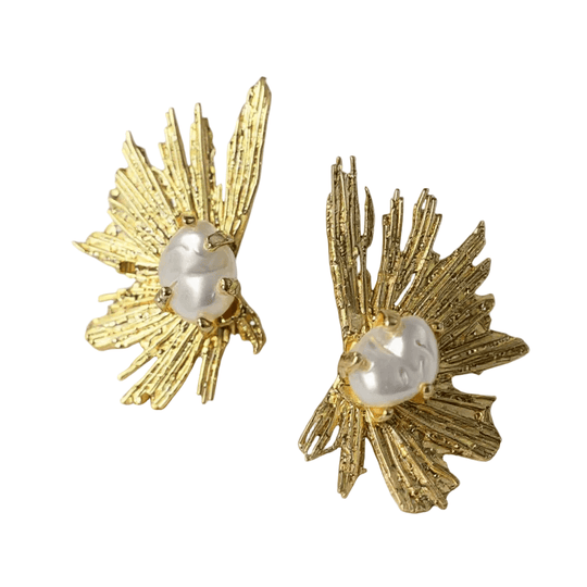 18k Gold Plated Large Sunburst Statement Earrings with Baroque Pearls