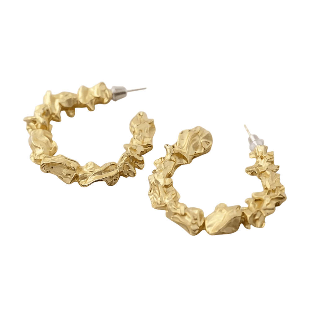 18K Gold Plated Textured Crinkled Molten Open Hoop Earrings, 4cm