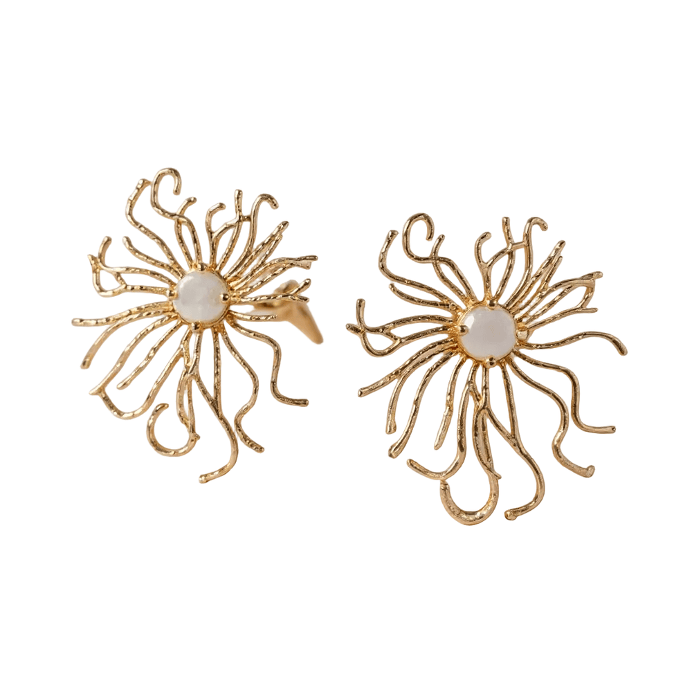 18K Gold Plated Organic Sunburst Earrings with Baroque Pearl - 5.5cm