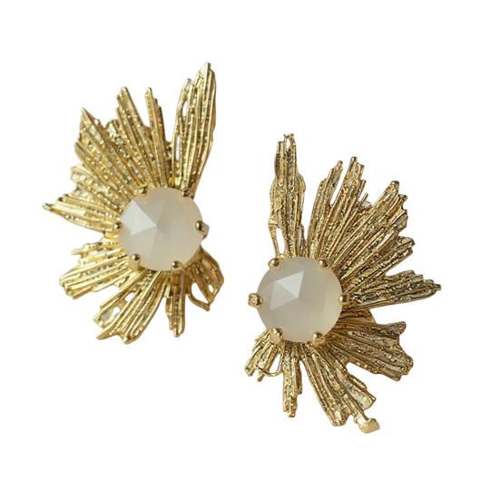 Handmade 18K Gold Plated Starburst Stud Earrings with White Moonstone