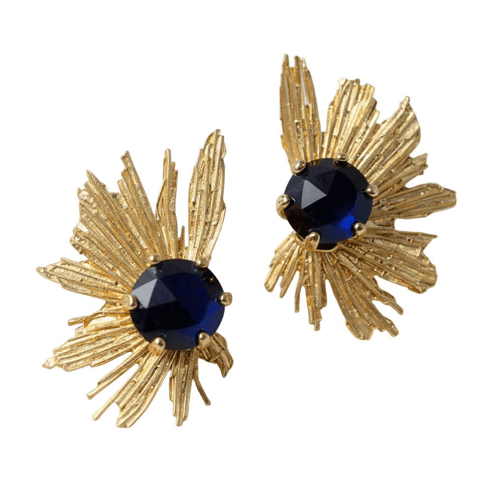 Midnight Blue Sunburst Statement Earrings – 18K Gold Plated, 5 cm