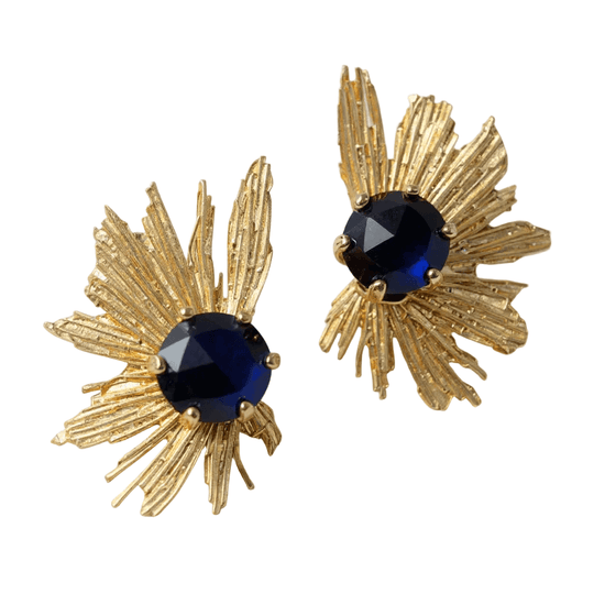 Middernachtblauwe Sunburst Statement Oorbellen – 18K Verguld, 5 cm