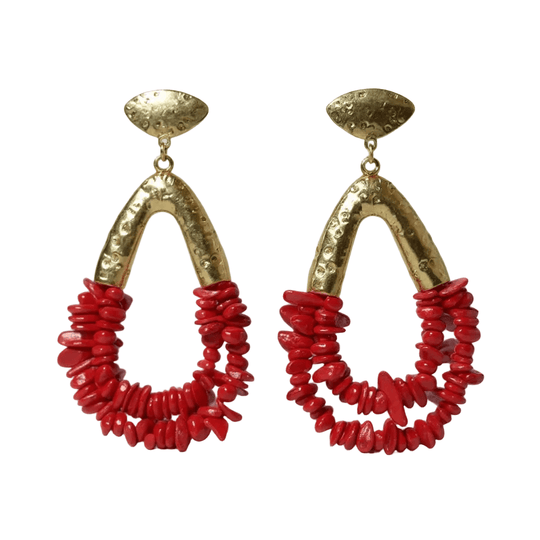Gold Plated Hammered Teardrop Earrings with Red Coral Beads - 9cm