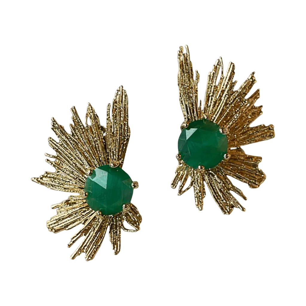 Emerald Sunburst Statement Earrings – 18K Gold Plated Green Stone