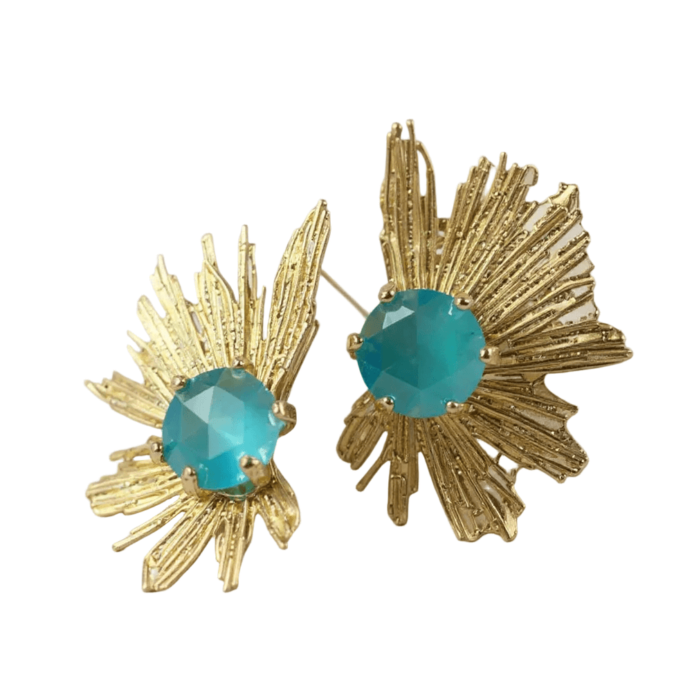 18K Gold Plated Sunburst Statement Earrings with Teal Gemstone