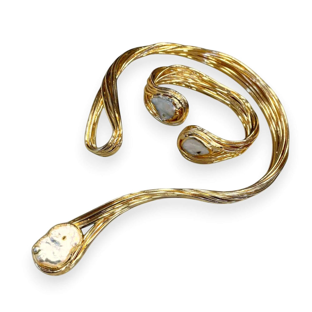 Gold Plated Choker Necklace – Handmade Baroque Pearl Jewelry Set with Adjustable Cuff Bracelet - Aramele