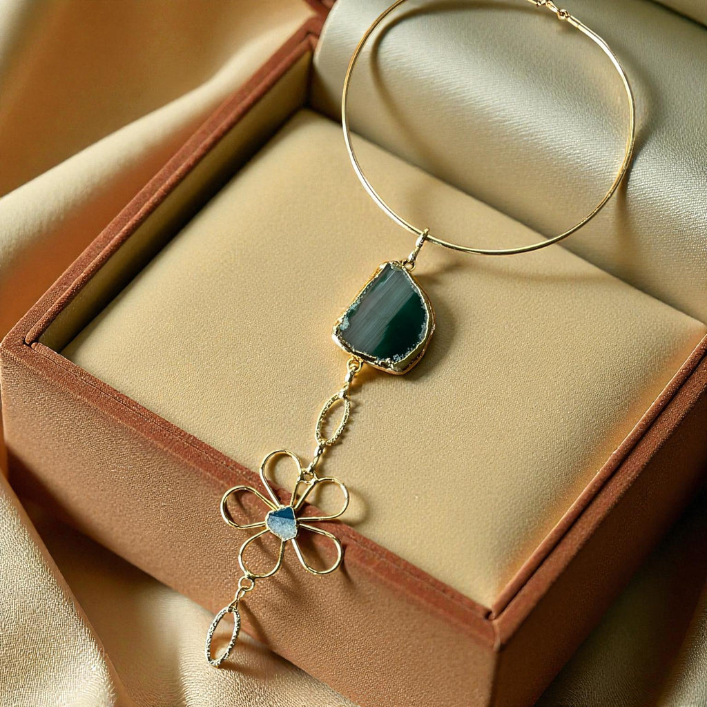 Gold Plated Choker – Handmade Statement Necklace with Natural Black Stone & Floral Gemstone