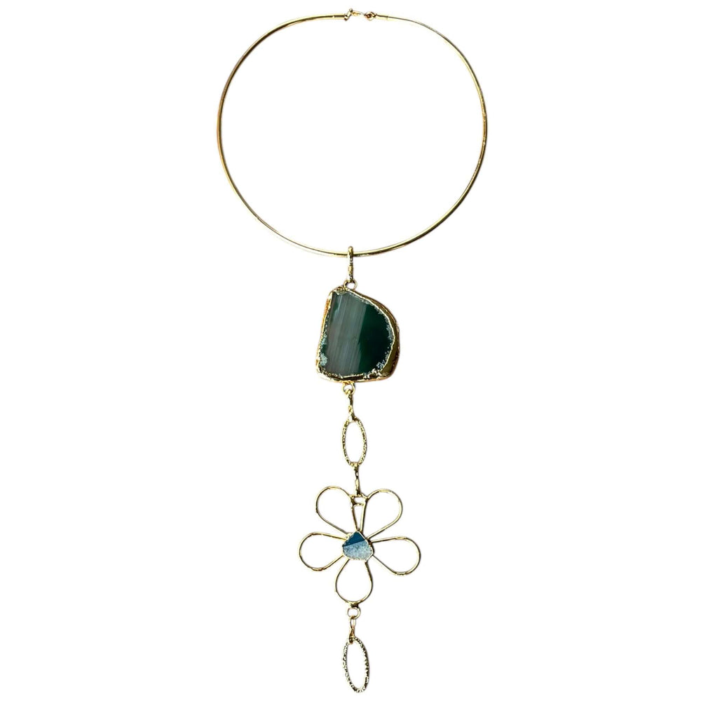 Gold Plated Choker – Handmade Statement Necklace with Natural Black Stone & Floral Gemstone - Aramele