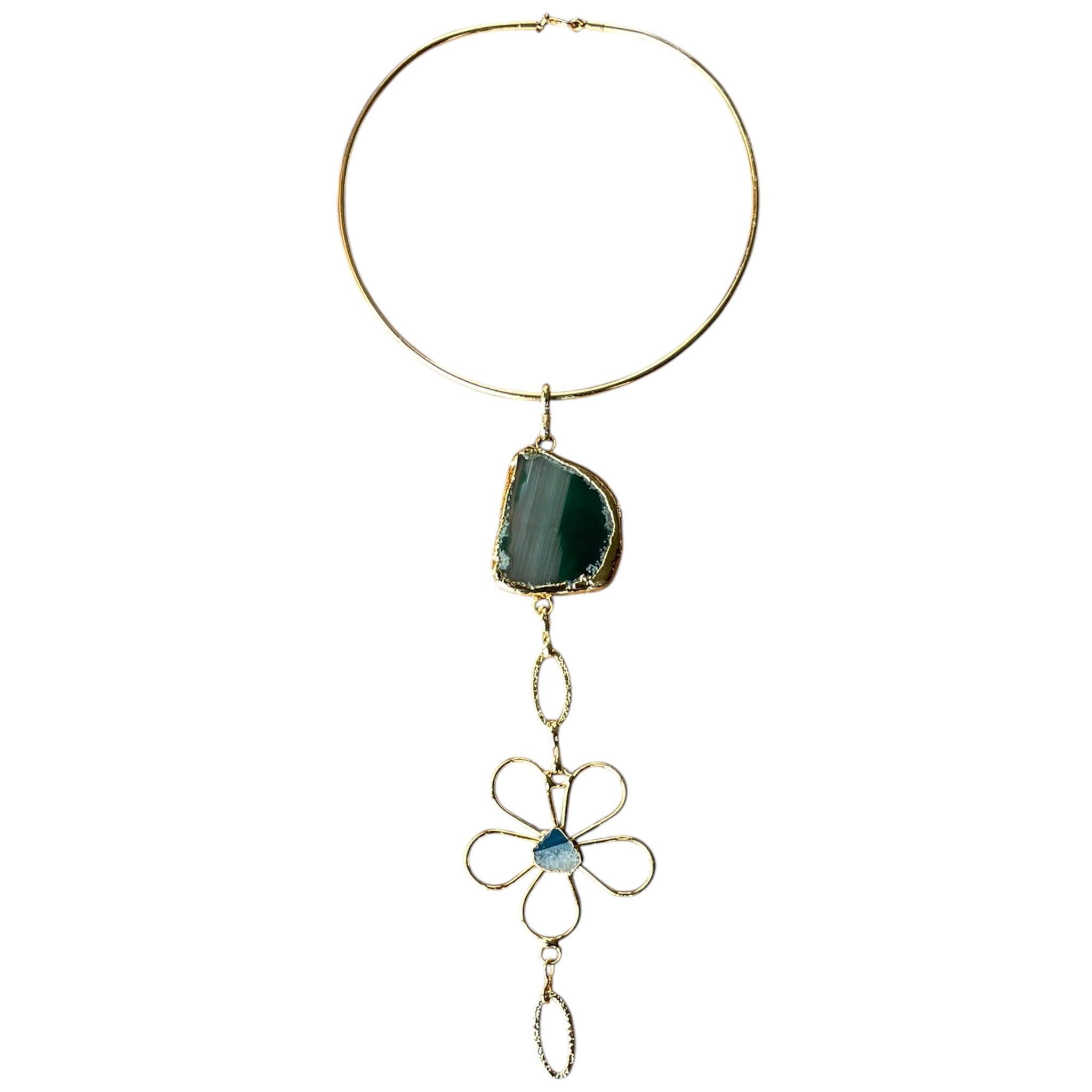 Gold Plated Choker – Handmade Statement Necklace with Natural Black Stone & Floral Gemstone