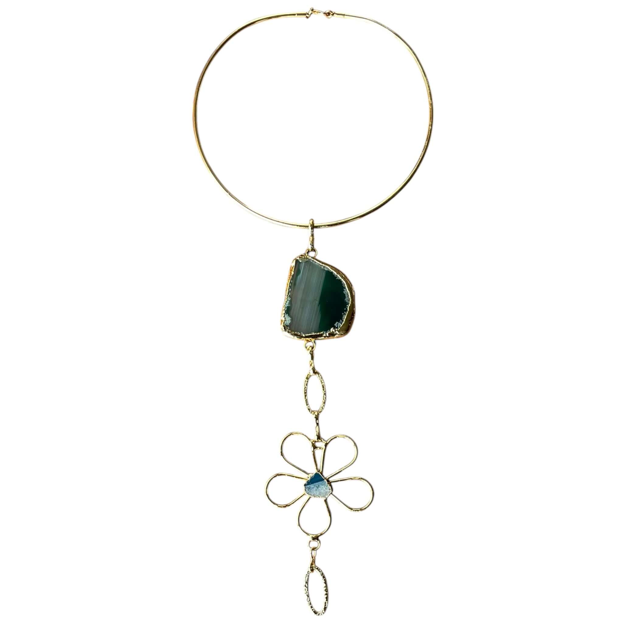 Gold Plated Choker – Handmade Statement Necklace with Natural Black Stone & Floral Gemstone - Aramele
