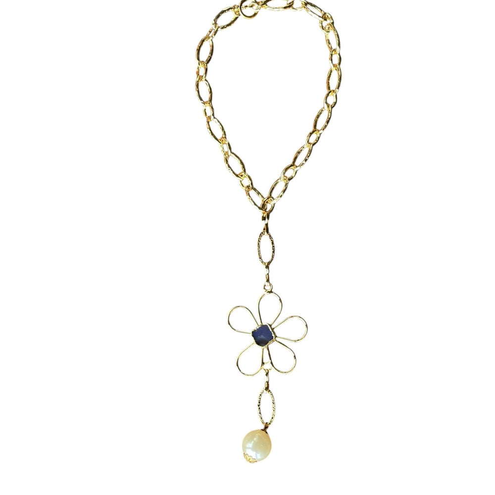 Handmade Gold Plated Flower Necklace with Blue Stone & Pearl Drop – Elegant Statement Jewelry - Aramele