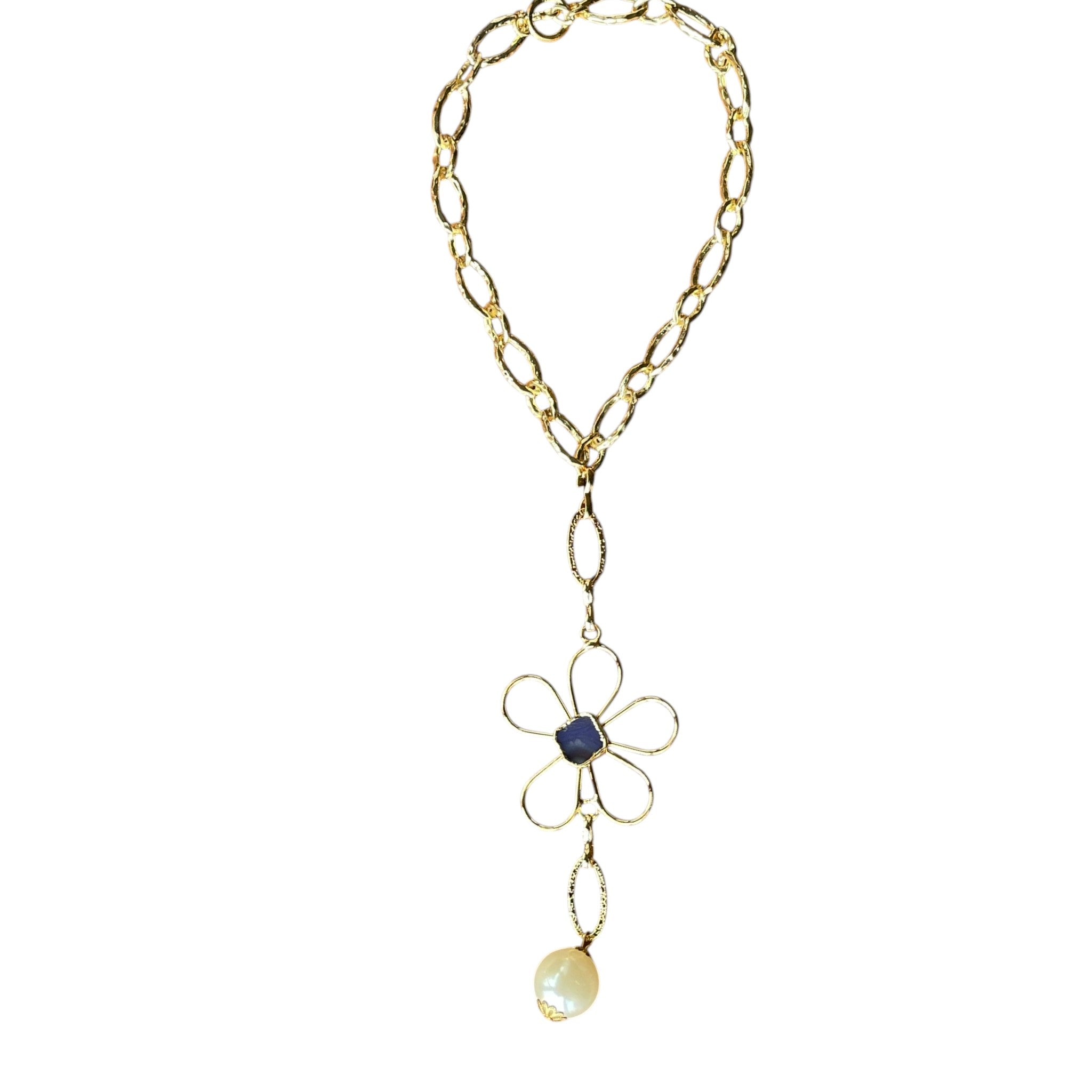 Handmade Gold Plated Flower Necklace with Blue Stone & Pearl Drop – Elegant Statement Jewelry