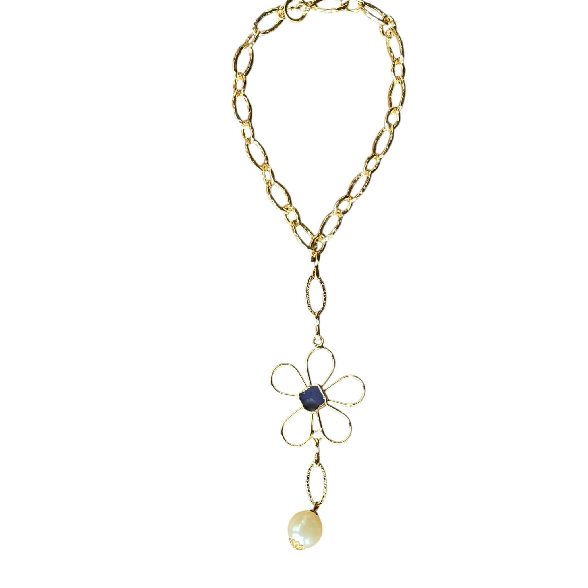 Handmade Gold Plated Flower Necklace with Blue Stone & Pearl Drop – Elegant Statement Jewelry - Aramele