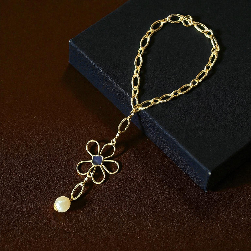 Handmade Gold Plated Flower Necklace with Blue Stone & Pearl Drop – Elegant Statement Jewelry