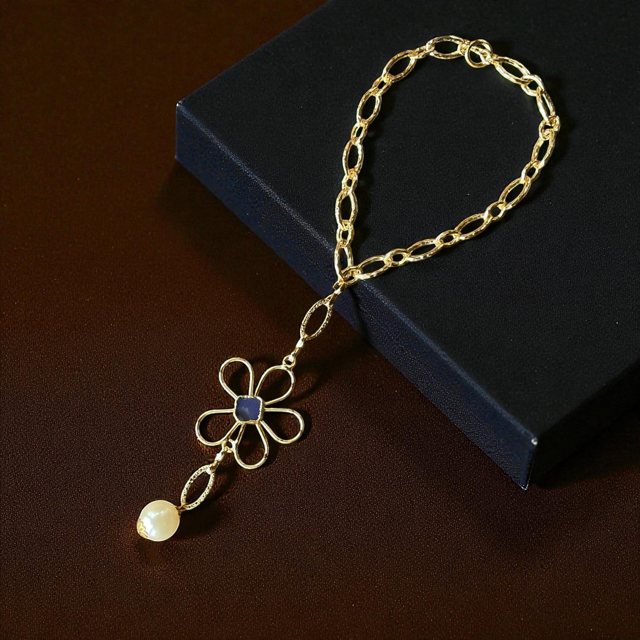 Handmade Gold Plated Flower Necklace with Blue Stone & Pearl Drop – Elegant Statement Jewelry