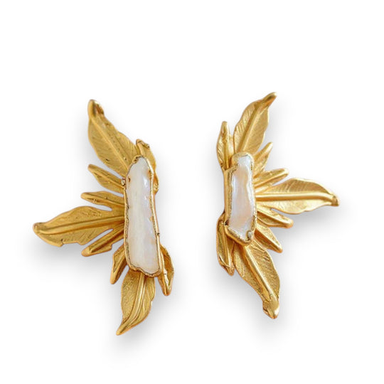 Gold Leaf Earrings – Handcrafted Baroque Pearl Statement Jewelry | Lightweight, Elegant Design