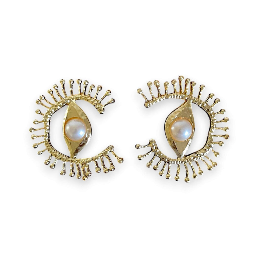 18K Gold Statement Earrings – Handmade Eye-Shaped Pearl Center Studs, 6cm - Aramele