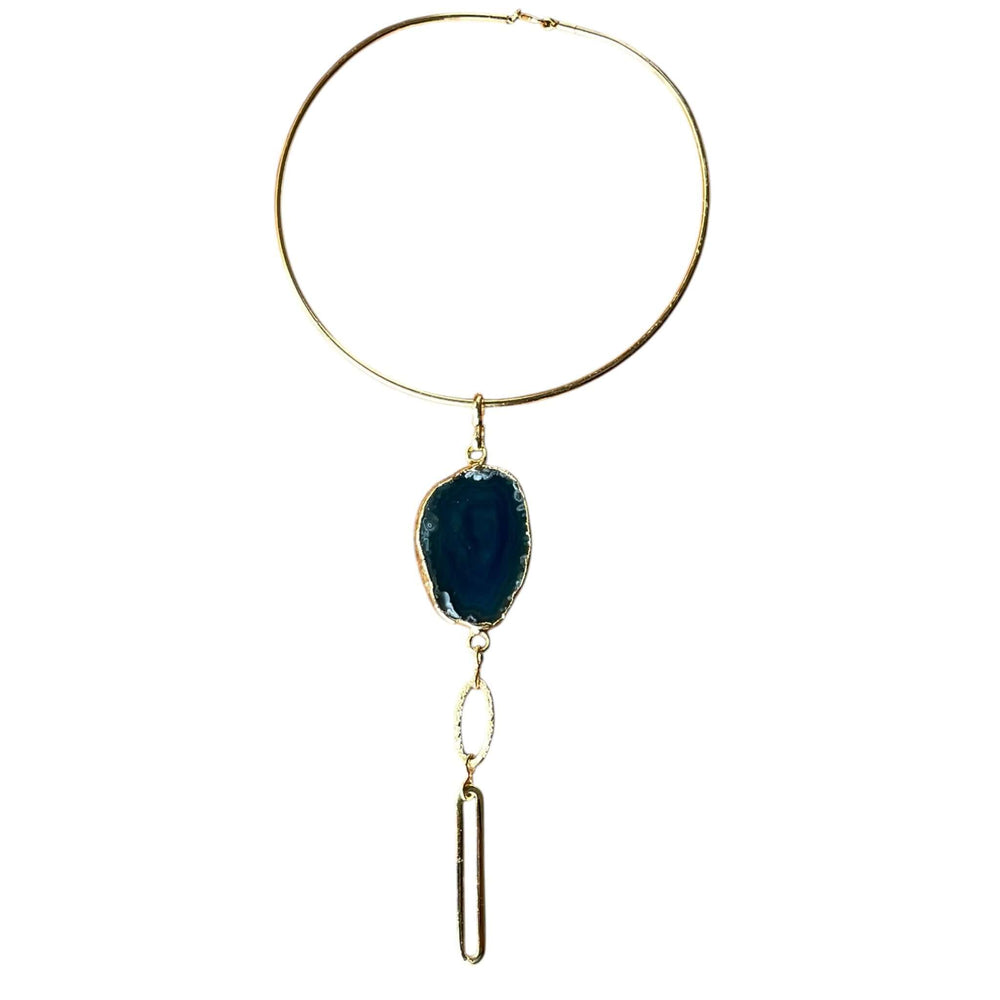 Gold Plated Choker - Handmade Chunky Necklace With Natural Agate Pendant - Aramele