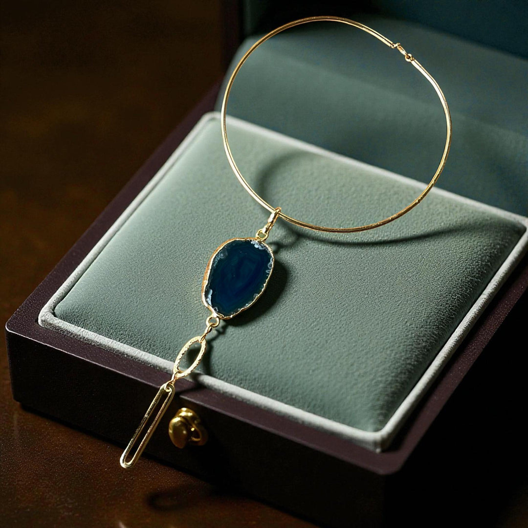 Gold Plated Choker - Handmade Chunky Necklace With Natural Agate Pendant