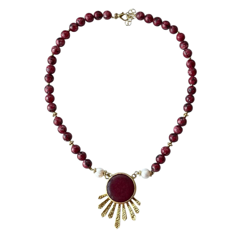 Gold-Plated Gemstone Necklace – Red Bead & Sunburst Pendant Jewelry with Adjustable Clasp - Aramele