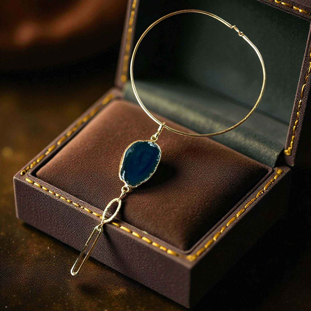 Gold Plated Choker - Handmade Chunky Necklace With Natural Agate Pendant
