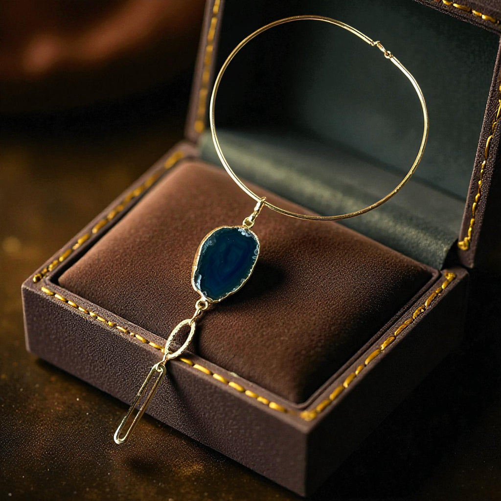 Gold Plated Choker - Handmade Chunky Necklace With Natural Agate Pendant