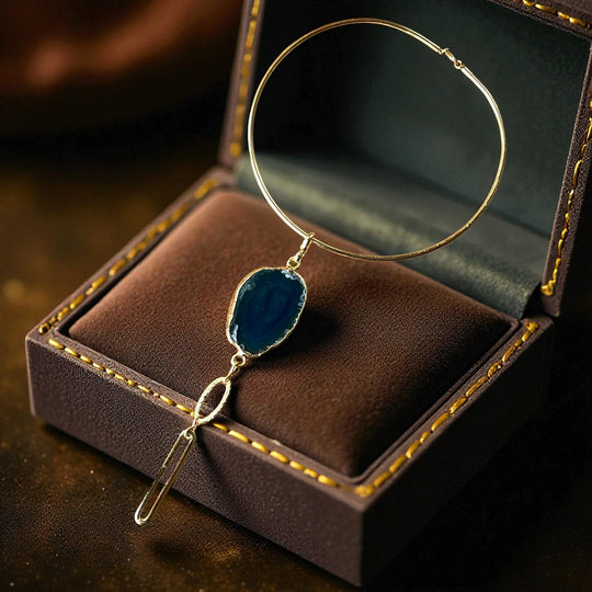 Gold Plated Choker - Handmade Chunky Necklace With Natural Agate Pendant