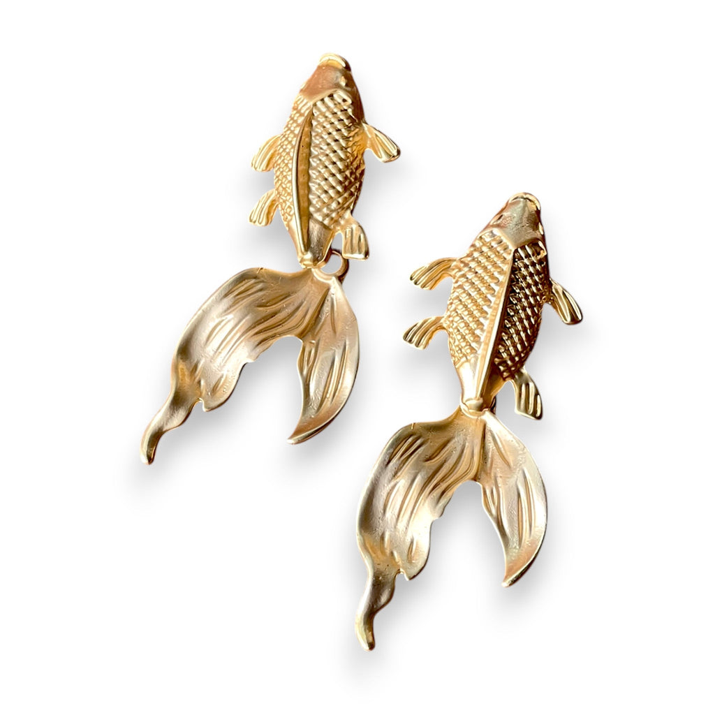 Gold Plated Earrings – Koi Fish Statement Drop Artistic Jewelry