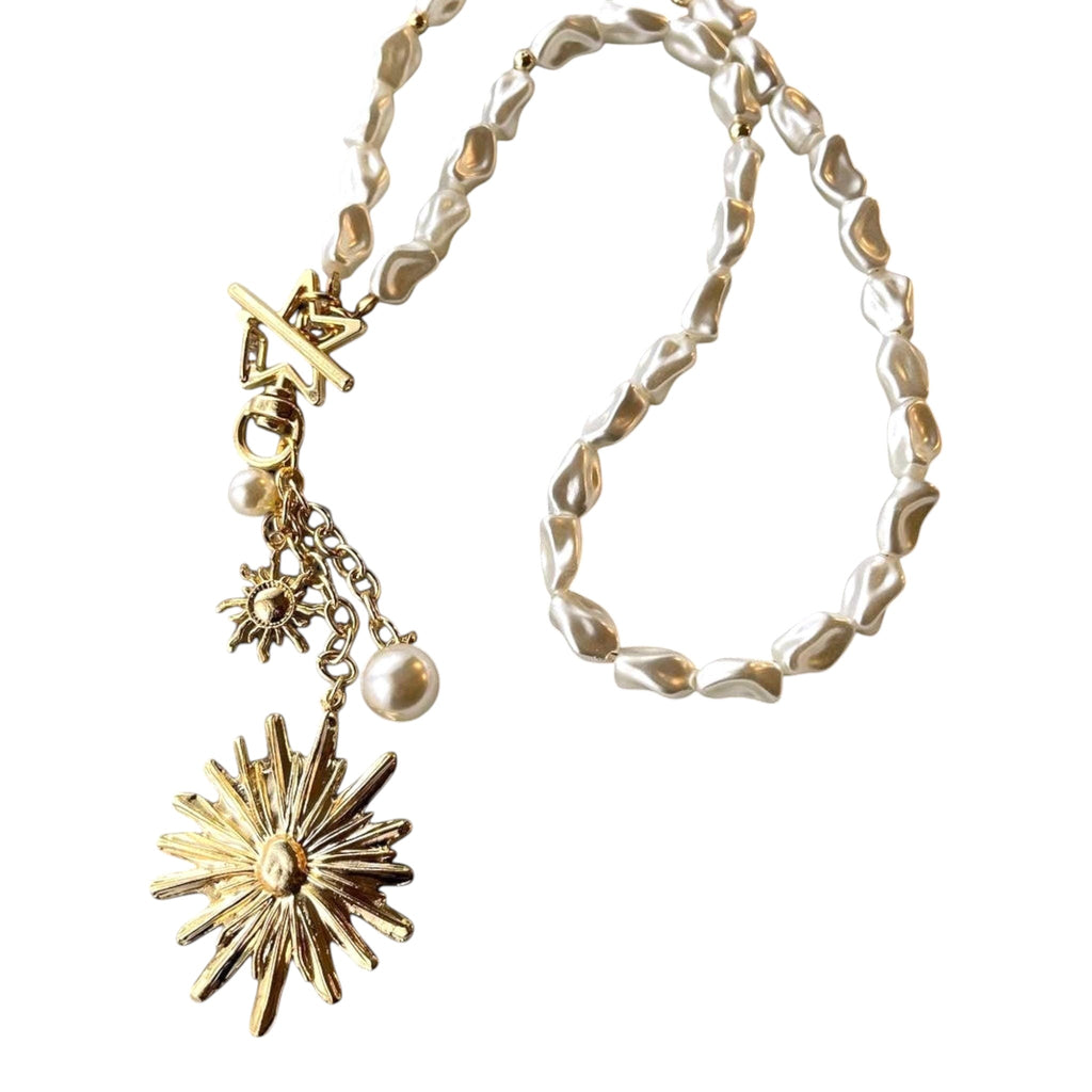 Gold Plated Pearl Necklace - Handmade Baroque Pendant with Sun  Moon Star Charms