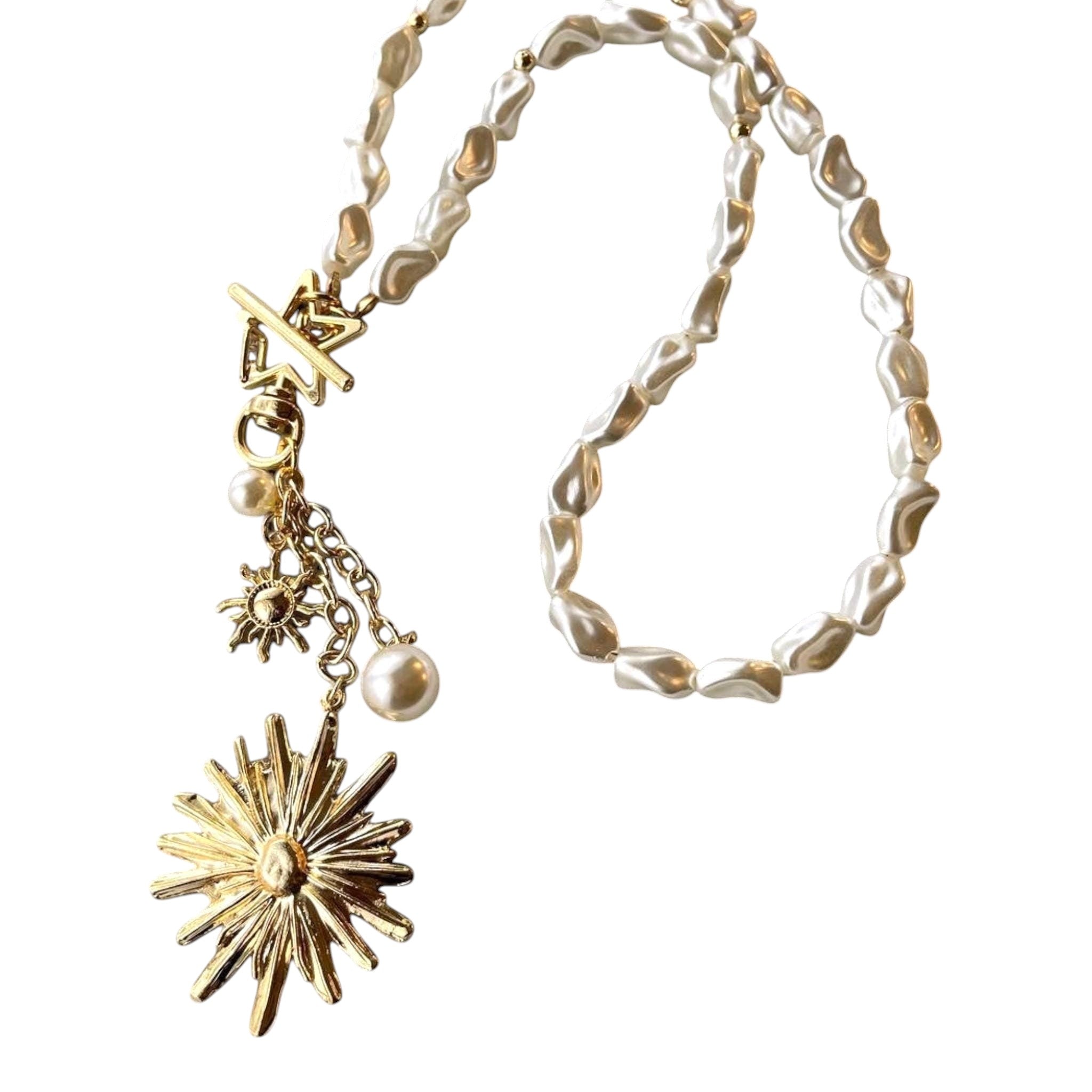 Gold Plated Pearl Necklace - Handmade Baroque Pendant with Sun  Moon Star Charms