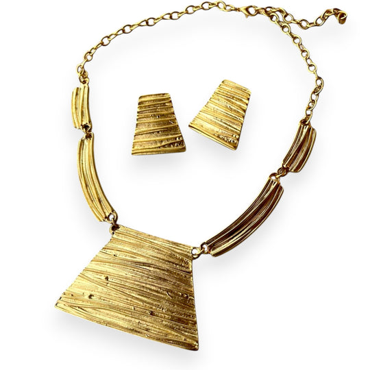 Bold Geometric Bib Necklace  Earring Set - Handmade Two-tone Silver Gold Plated Jewelry,