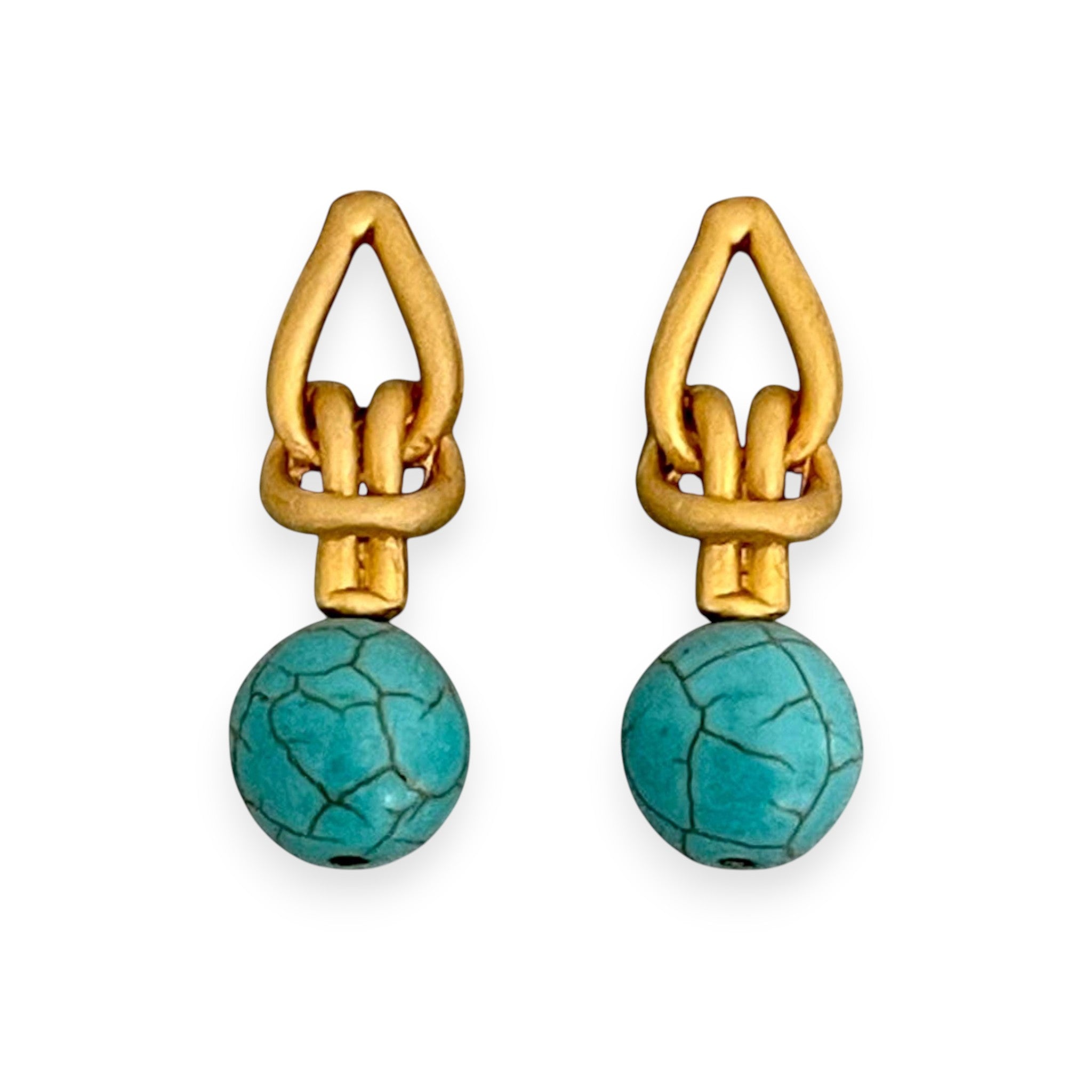 Turquoise Bead Earrings - Handmade Gold Plated Knot Boho Chic Dangle Jewelry