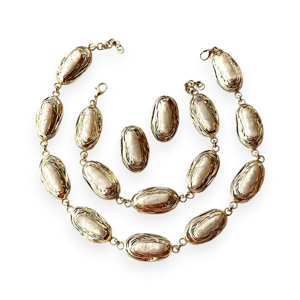 Luxury Gold Plated Pearl Jewelry Set – Necklace, Bracelet & Stud Earrings