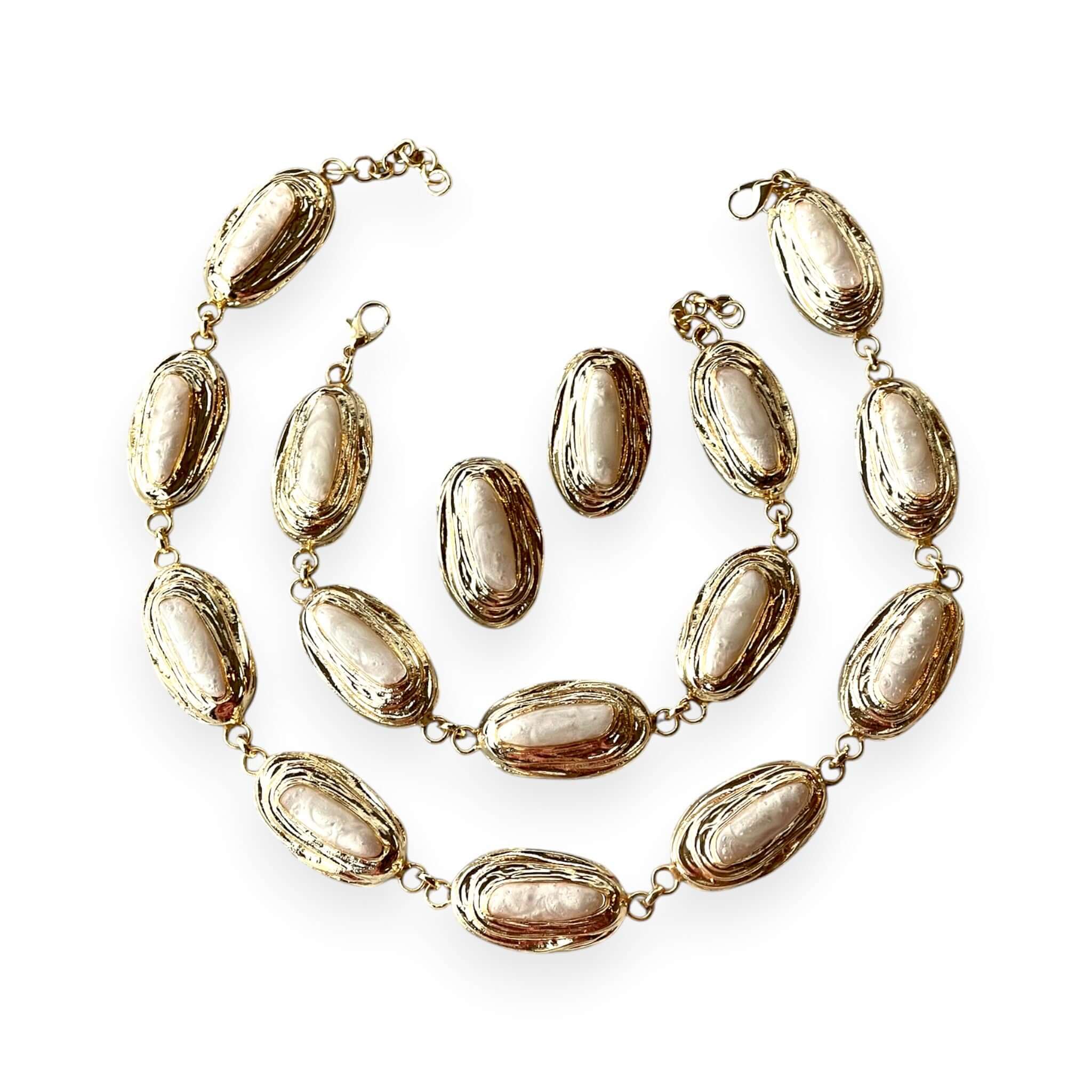 Luxury Gold Plated Pearl Jewelry Set – Necklace, Bracelet & Stud Earrings - Aramele