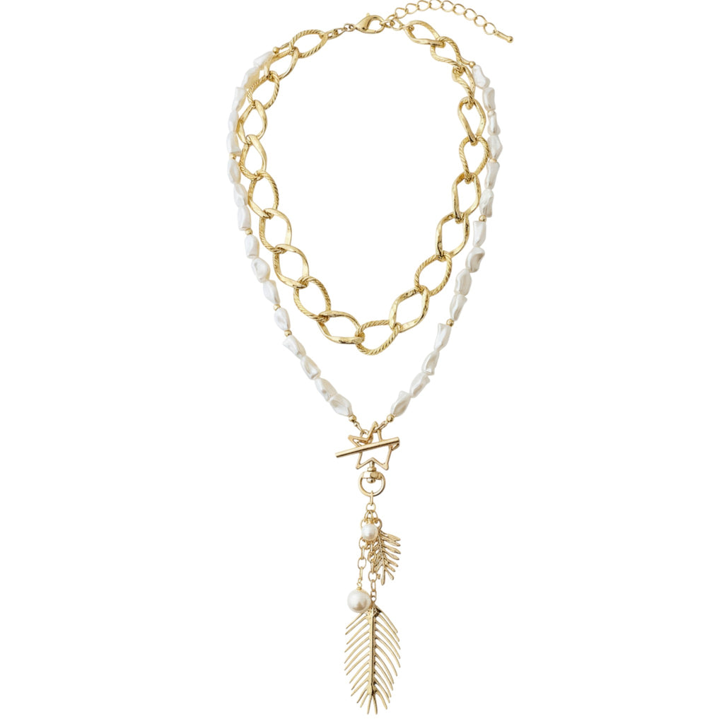 Gold Plated Pearl Necklace - Elegant Layered Statement Necklace with Leaf Pendant