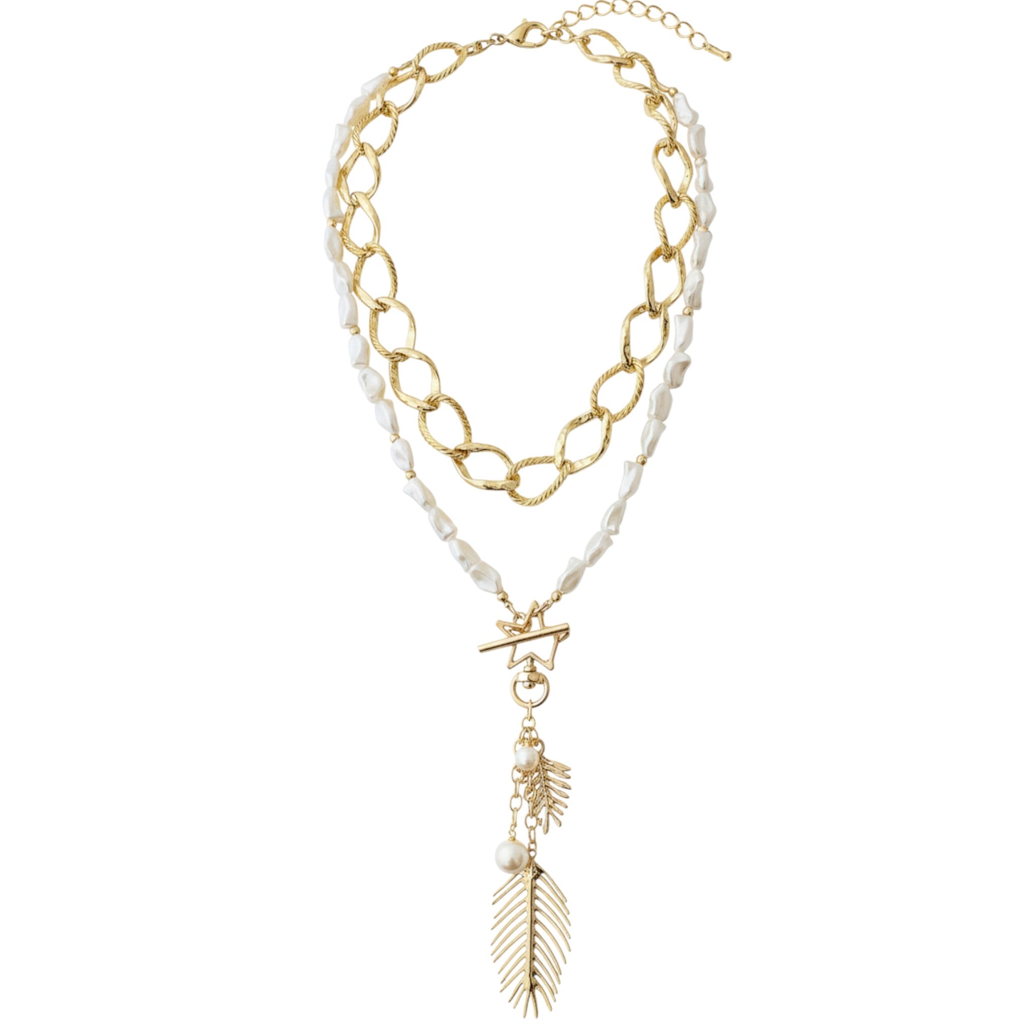 Gold Plated Pearl Necklace - Elegant Layered Statement Necklace with Leaf Pendant