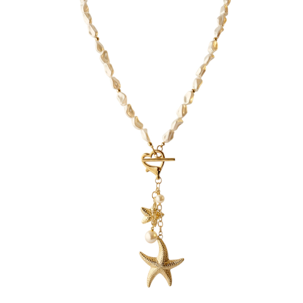 Gold Plated Pearl Necklace – Handmade Baroque Pendant with Star & Leaf Charms