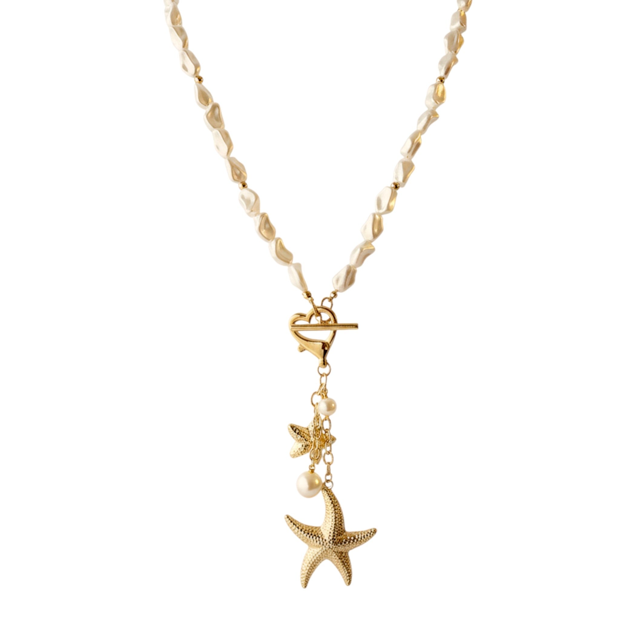 Gold Plated Pearl Necklace – Handmade Baroque Pendant with Star & Leaf Charms